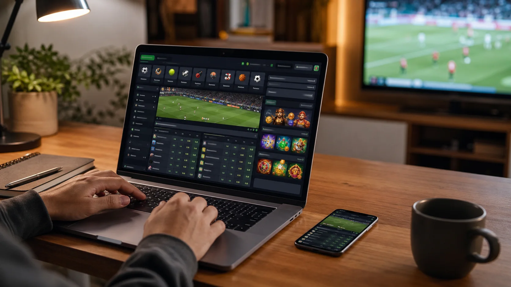 Plataforma powbet em notebook e celular com apostas esportivas e cassino online